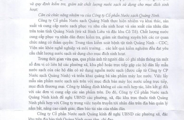 Công ty Cổ phần Nước sạch Quảng Ninh khuyến cáo người dân cảnh giác với chiêu trò mạo danh lấy mẫu nước để bán máy lọc nước